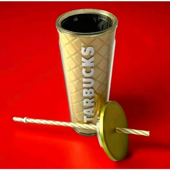 Starbucks 2024 Holiday Gold Metallic Quilt 24 oz Venti Cold Cup Tumbler NEW - Picture 4 of 5